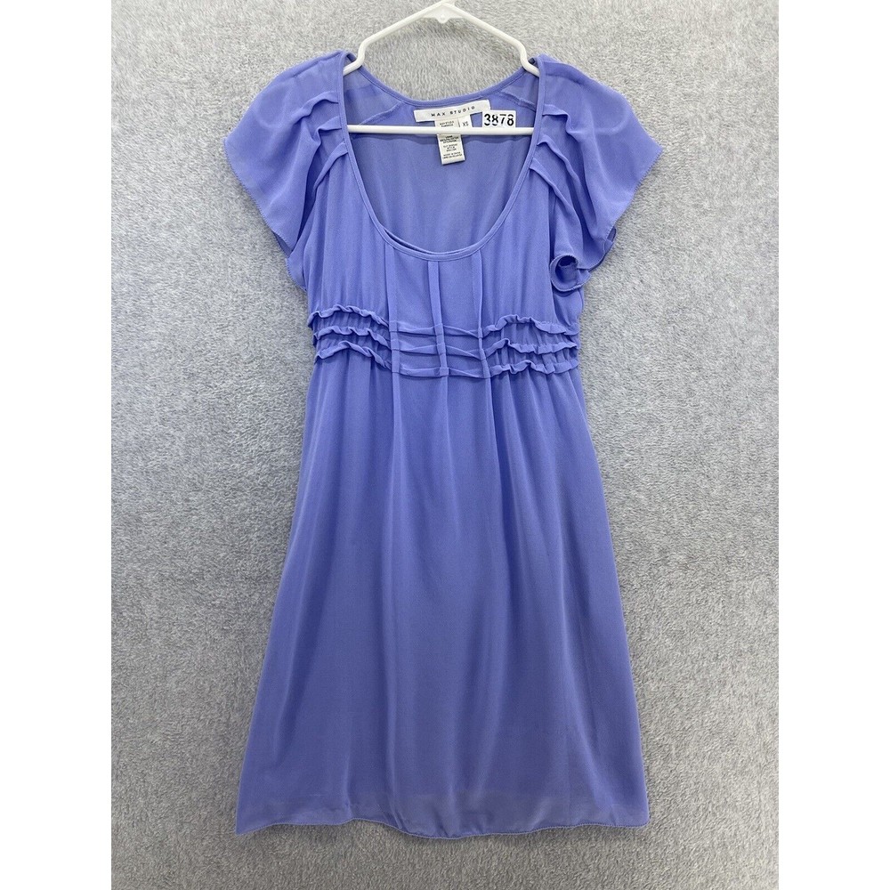 Max Studio Women's Dress A Line Flutter Sleeve Purple Scoop Neck XS Pleated